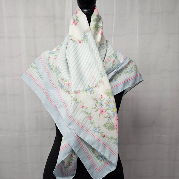 Vintage Avon Blue Pink Floral Striped Cottagecore Boho Prairie Scarf - Picture 7 of 10